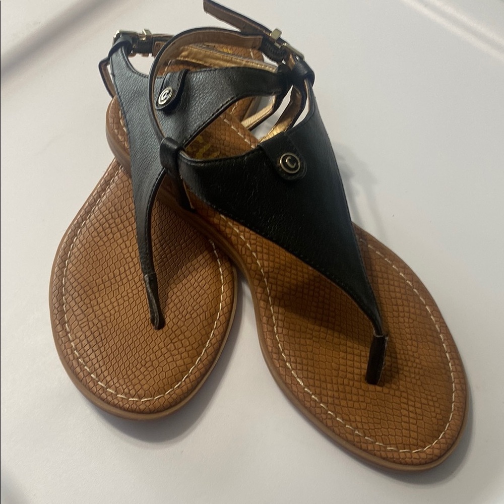 Black and Brown Leather Sandals with T-Strap Design